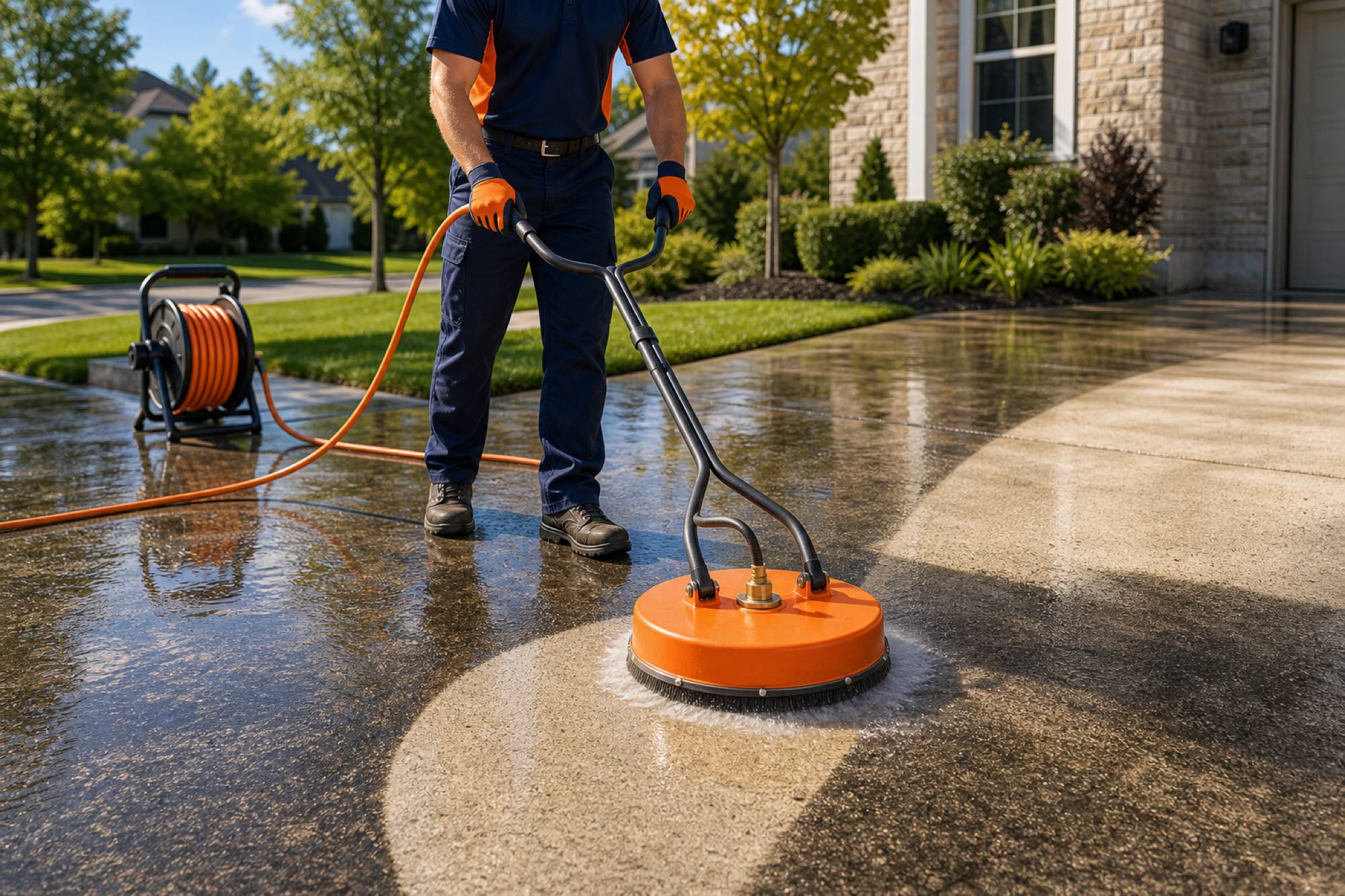 Peak Home Services technician pressure-washing a concrete driveway