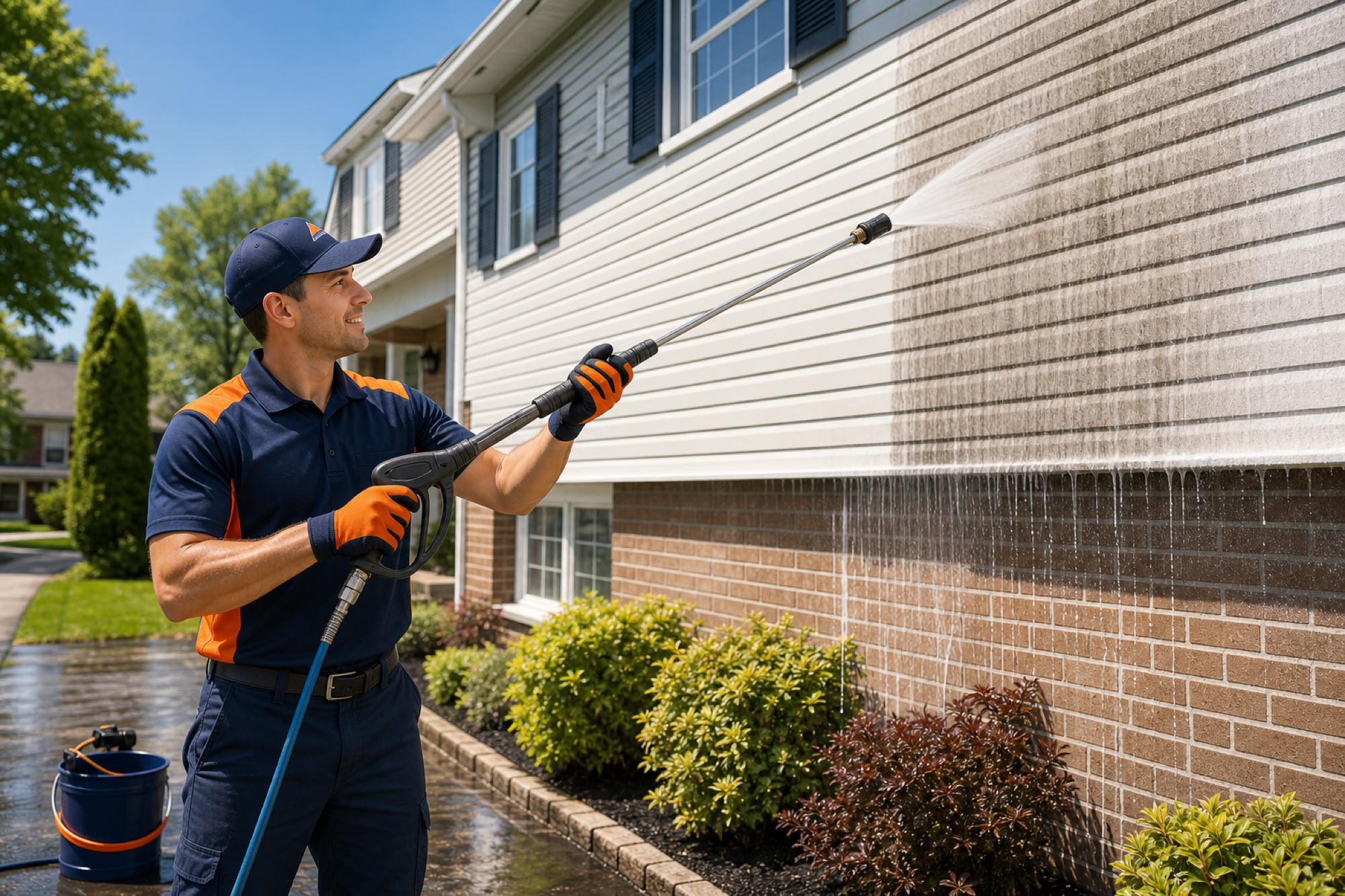 Peak Home Services technician soft-washing a home's siding