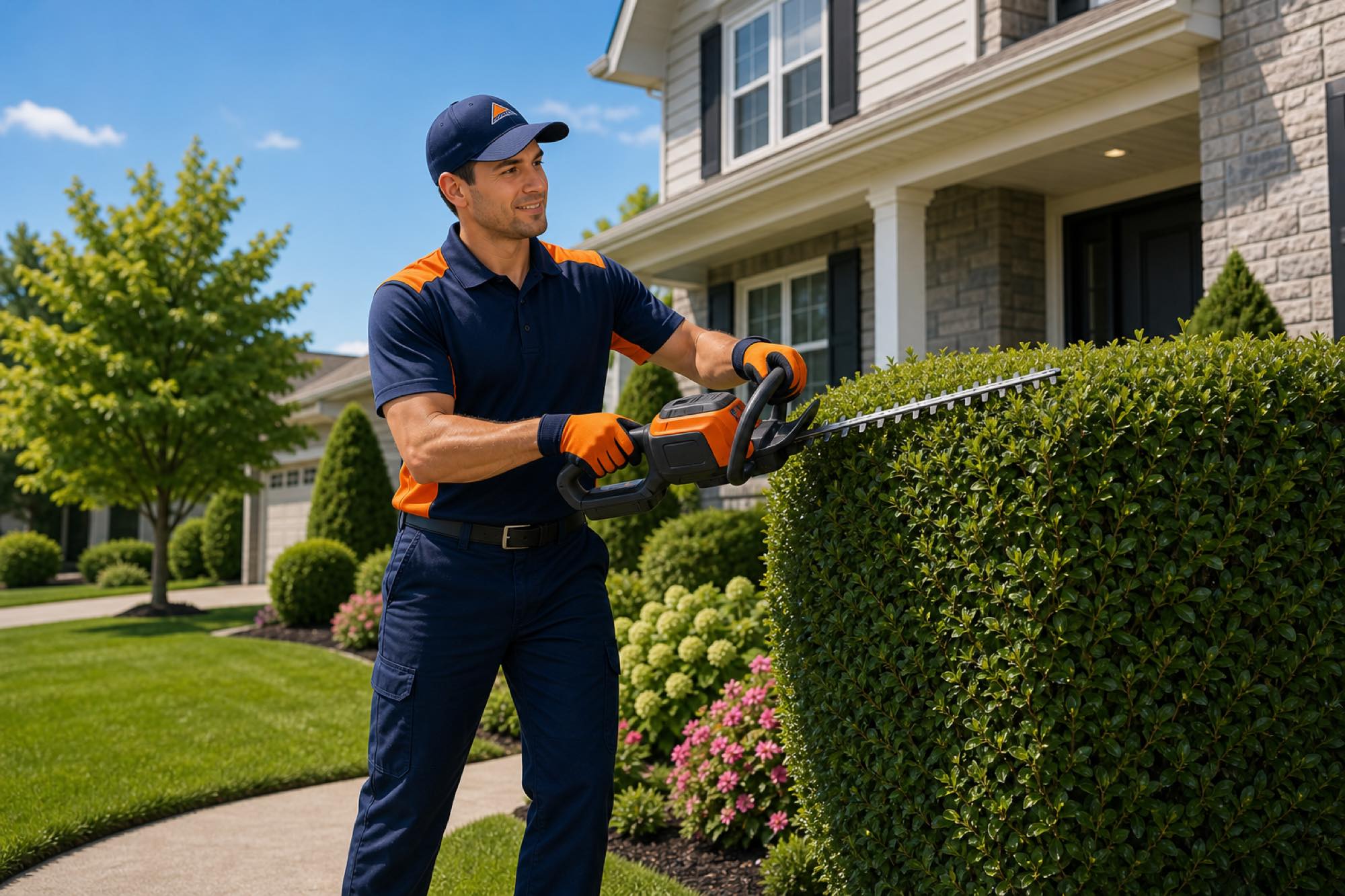 Peak Home Services technician trimming a hedge in a manicured front yard