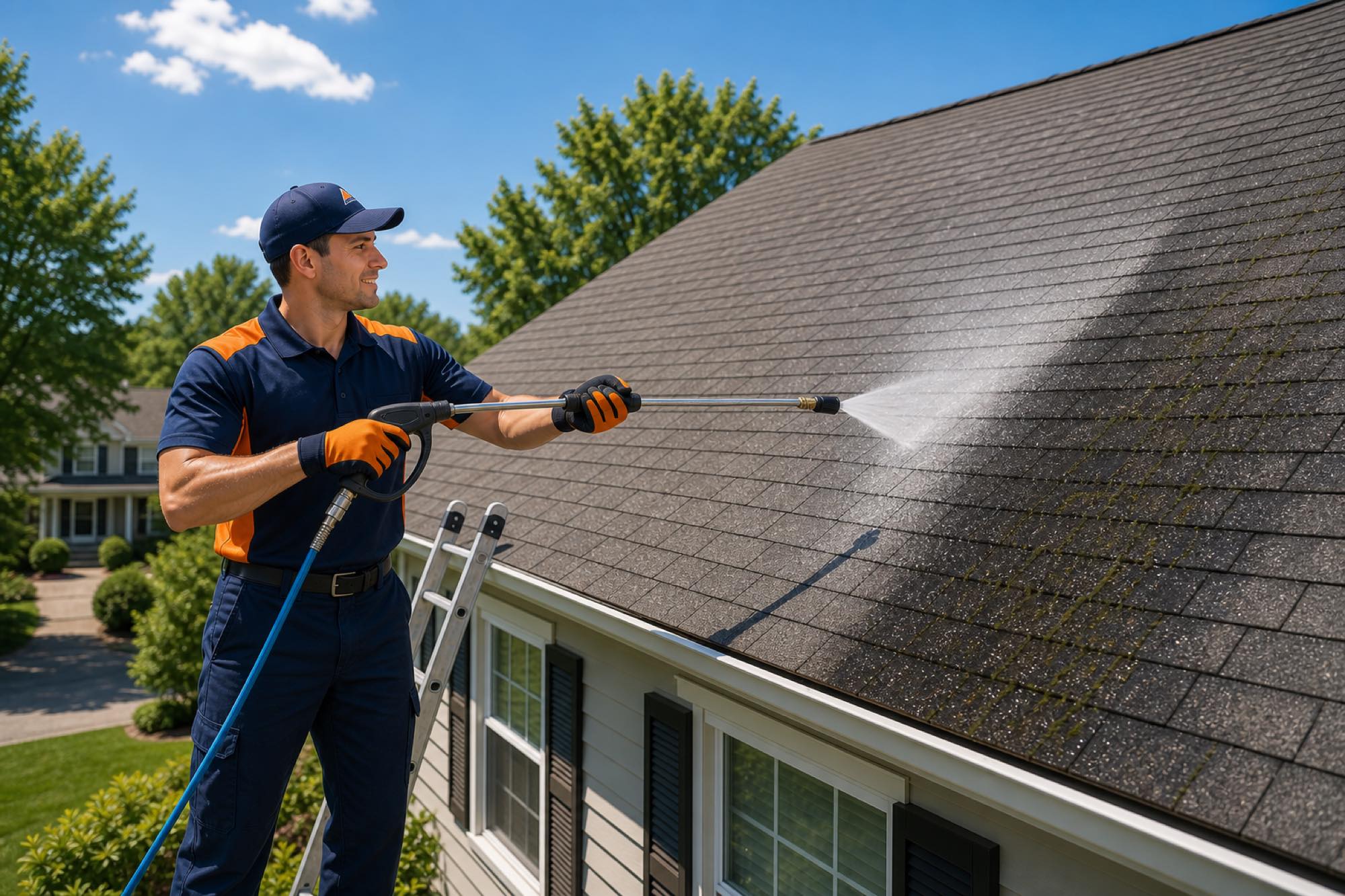 Peak Home Services technician cleaning an asphalt shingle roof