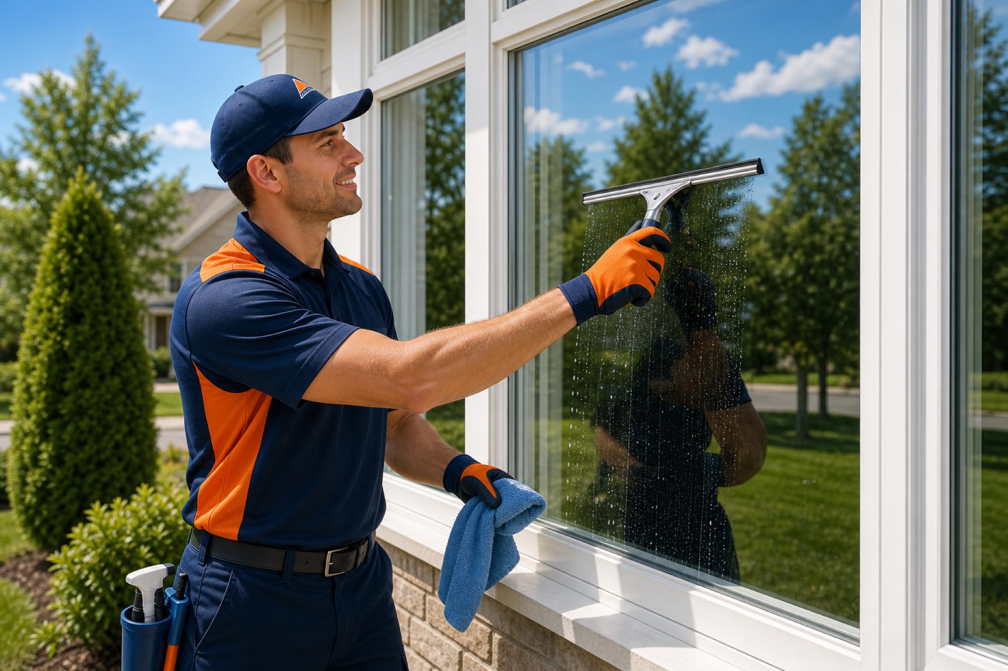 Peak Home Services technician squeegeeing a streak-free window